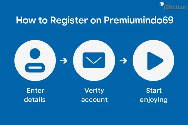 Step-by-step infographic outlining the registration process for Premiumindo69, showing three clear stages: 'Enter details,' 'Verify account,' and 'Start enjoying,' with simple icons and arrows on a blue background.