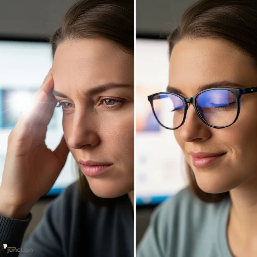 A split-screen image. On the left, a person suffers from eye strain, rubbing their head with a grimace. On the right, the same person looks relieved and comfortable, wearing blue light glasses while working on a computer.