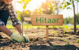 Hitaar: Meaning, Origins, and Positive Change Explained Person planting a tree in a green landscape with the word 'Hitaar' prominently displayed, symbolizing growth, sustainability, and positive change.