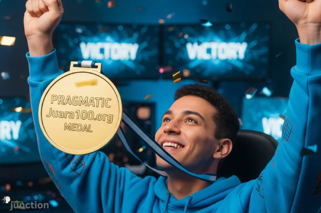 Happy gamer celebrating with a gold trophy and Pragmatic Juara100.org Medal, symbolizing achievement and success in gaming.