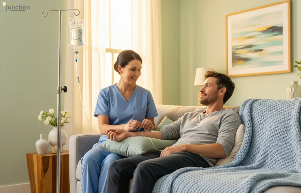 A medical professional administers an At-Home IV Treatment to a relaxed person on a couch, emphasizing comfort and convenience.