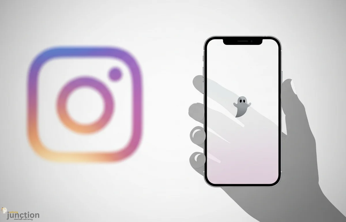Modern smartphone held by a subtly transparent hand, with a blurred Instagram logo in the background, symbolizing AnonyIG, anonymous social media viewing, and online privacy.