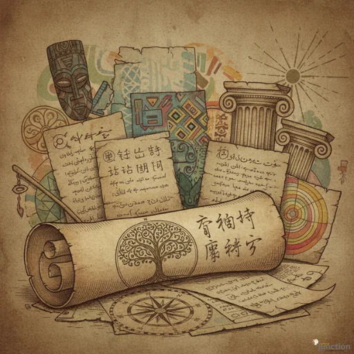 Vintage illustration of ancient scrolls and cultural symbols from various origins, representing the blended roots and folklore of Tsunaihaiya.