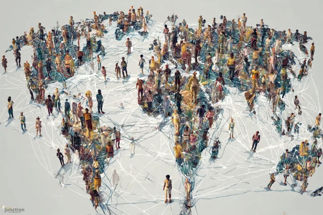 igurative world map made up of diverse people connected by a white digital network, symbolizing global unity, diversity, and the universal expression of Tsunaihaiya.