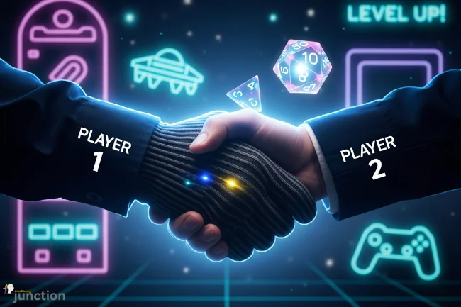 Two individuals shaking hands with a gold medal trophy in the background, symbolizing trust, collaboration, and ethical achievement in the gaming community.