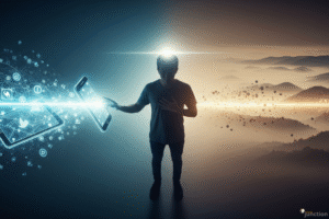 The Digital Marketing Landscape: A Forecast of Exponential Growth A person stands at a crossroads, with one side representing digital interaction through glowing devices and social media icons, and the other a calm, misty landscape symbolizing anonymity and stepping back from online engagement.