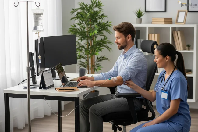 A business professional receiving a comfortable At-Home IV Treatment while working on a laptop in a home office.