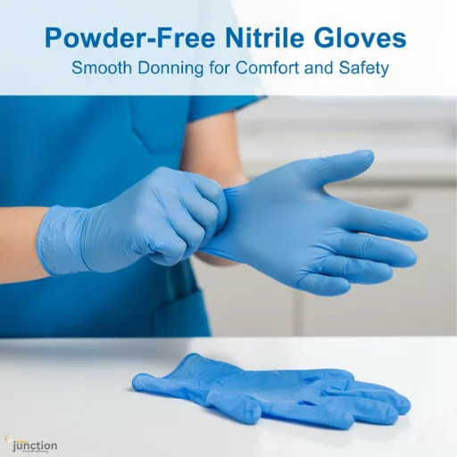 Close-up of a person smoothly donning powder-free nitrile gloves, highlighting the ease of use and comfort.