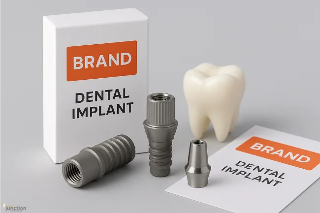 Compatible dental components including titanium implants, abutments, and branded packaging for restorative dentistry.