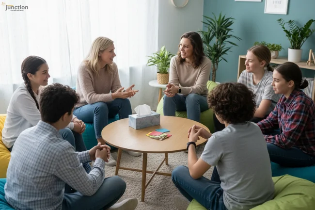 Teen group therapy session with a compassionate counselor, fostering active listening and peer connection at an Acadia Healthcare facility.