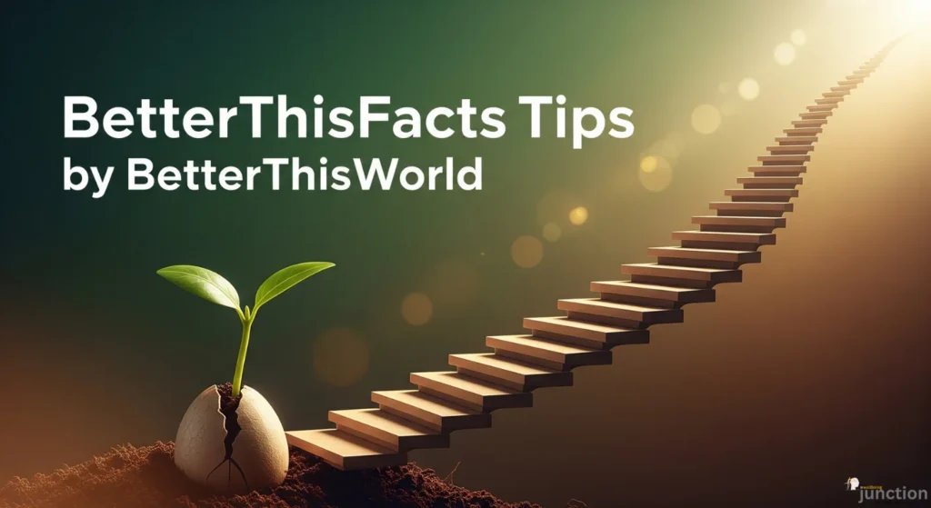 A plant growing from a cracked seed beside an ascending staircase, symbolizing continuous progress and representing BetterThisFacts Tips by BetterThisWorld.