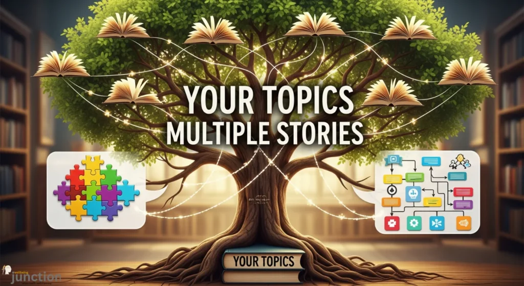 Tree with branches leading to diverse content, illustrating Your Topics Multiple Stories.