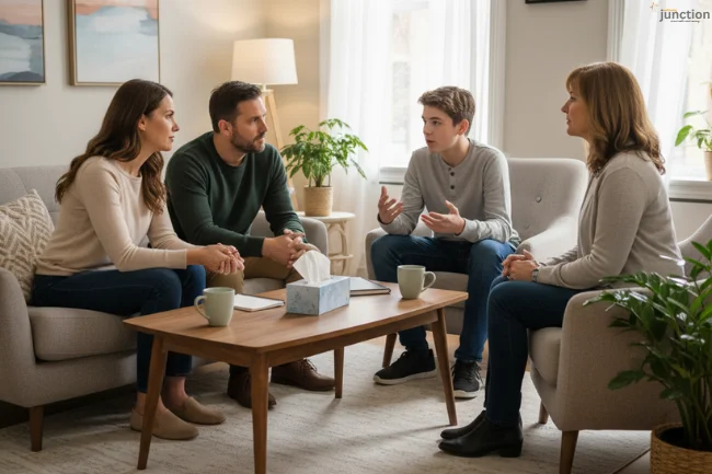 Family therapy session with counselor guiding parents and teen at Acadia Healthcare.