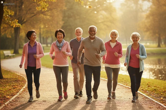 A diverse group of smiling seniors brisk-walking in a sunlit park with autumn trees, showcasing the benefits of physical activity for Mental Wellness.
