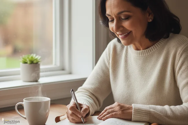 Older woman smiling while writing in a gratitude journal by a sunny window, practicing positivity for better mental wellness.