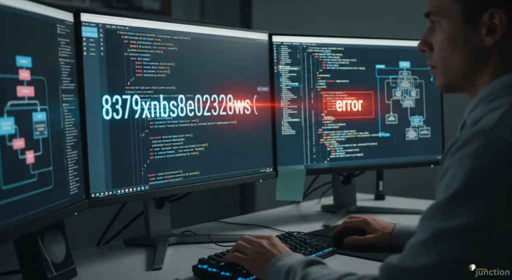 A developer working on a multi-monitor setup, with code and system architecture diagrams on screen, prominently featuring the unique identifier 8379xnbs8e02328ws.