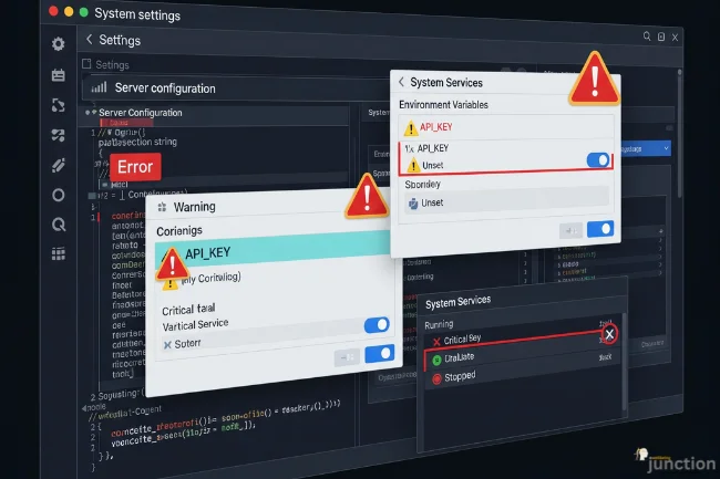 A computer screen displaying system settings, server configurations, and environment variables, with multiple error warnings, specifically highlighting a situation that could relate to identifier 8379xnbs8e02328ws.