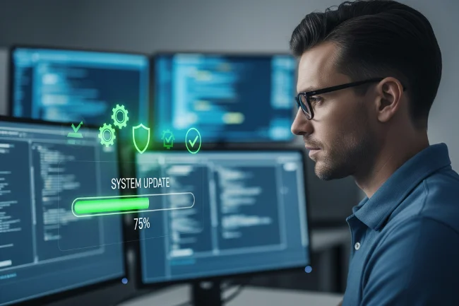 An IT professional monitoring a system update with security and maintenance icons on screen, illustrating proactive measures to prevent issues like 8379xnbs8e02328ws.