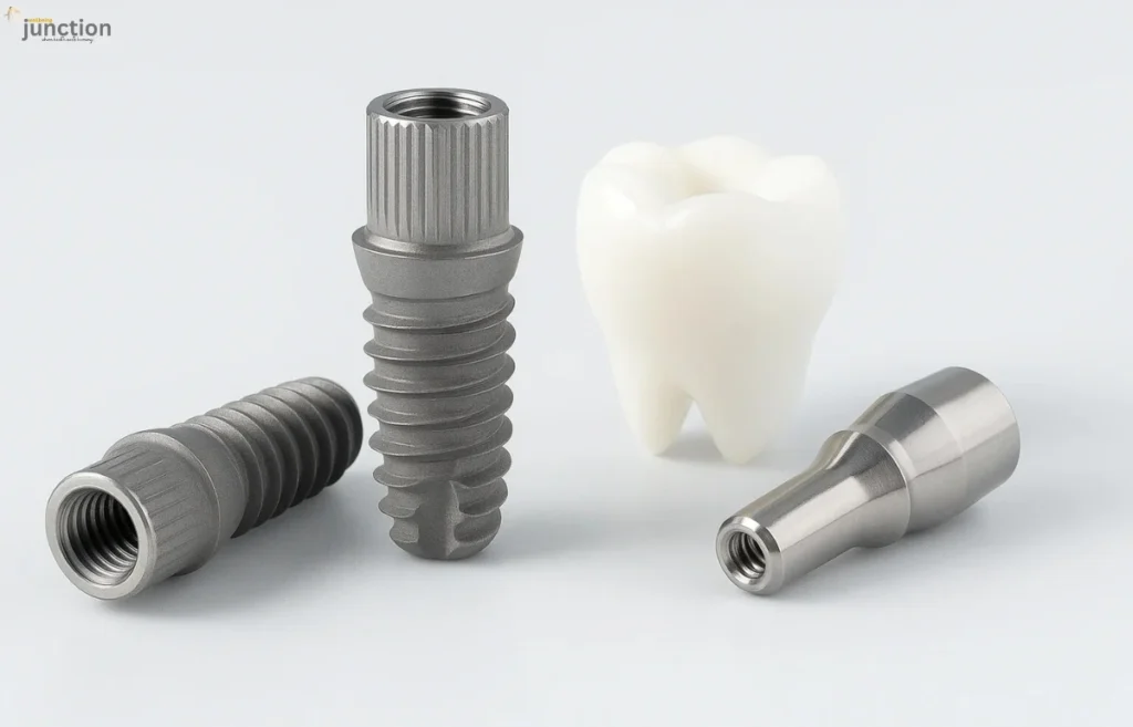 Compatible dental components including titanium implants, abutments, and a ceramic tooth model for restorative dentistry.