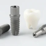 Compatible dental components including titanium implants, abutments, and a ceramic tooth model for restorative dentistry.