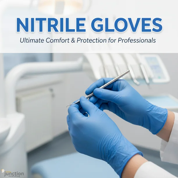 Close-up of dental professional wearing blue nitrile gloves while holding dental instruments for precision work.