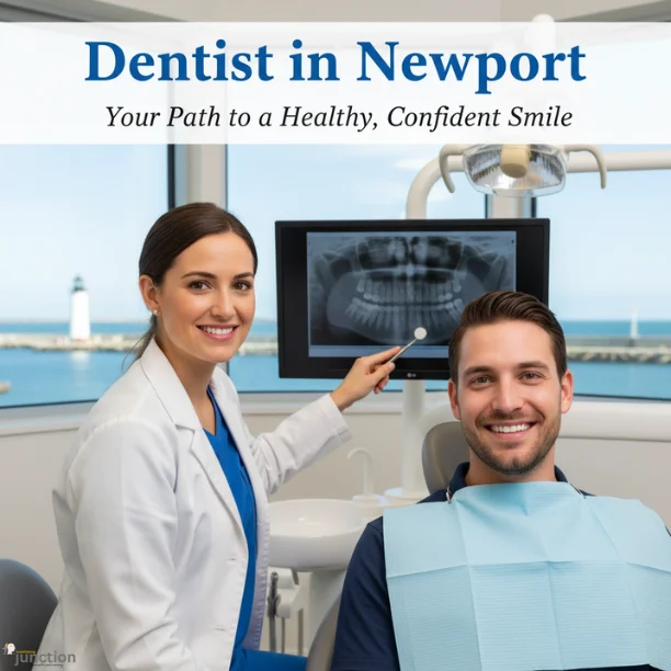 Smiling dentist and patient at a private dental clinic in Newport, offering trusted dental care.