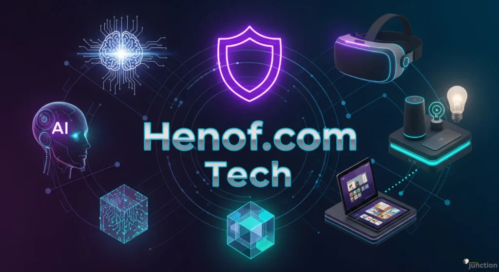A futuristic digital collage of technology icons including AI, a VR headset, a smart home, and a cybersecurity shield, representing Henof.com Tech.