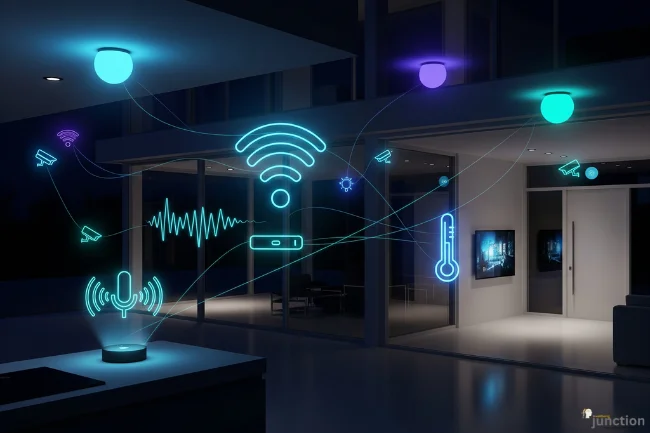 A futuristic image of a modern smart home at night, with glowing icons and holographic displays representing connected devices, highlighting a feature from Henof.com Tech.