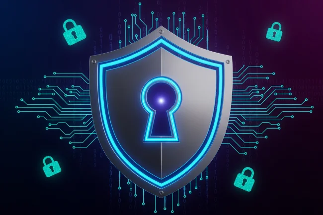 A glowing shield with a keyhole at its center, surrounded by circuit patterns and padlocks, symbolizing robust cybersecurity as discussed on Henof.com Tech.