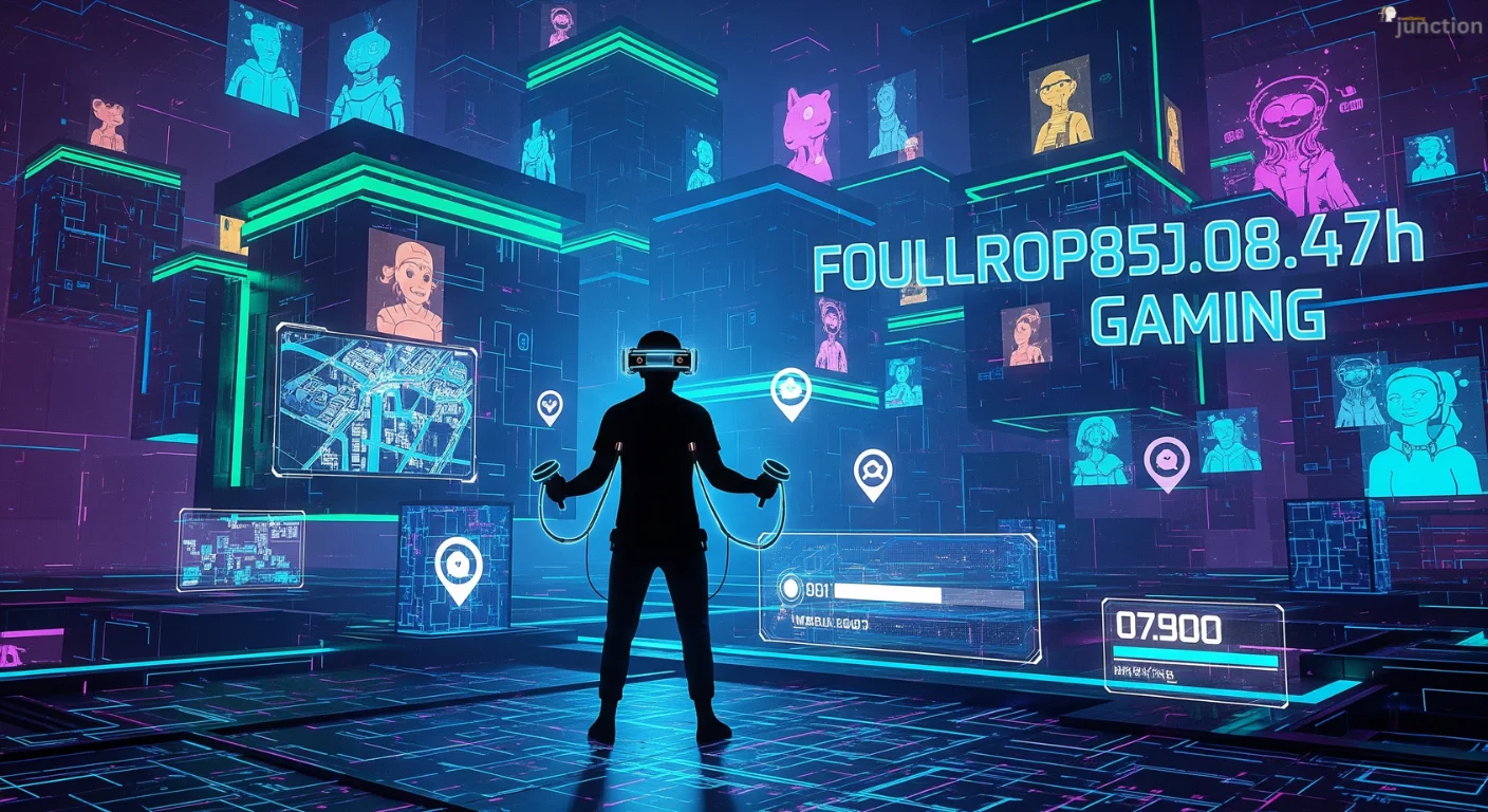 A player in a VR headset immersed in a futuristic digital world with holographic game elements and avatars, representing Foullrop85j.08.47h Gaming.