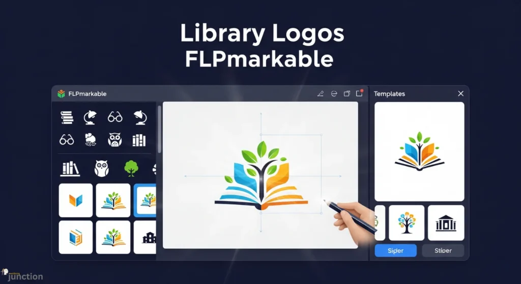 A screenshot of the FLPmarkable platform showing the design process for a library logo, with various icons and templates. The keyword Library Logos FLPmarkable is displayed prominently.