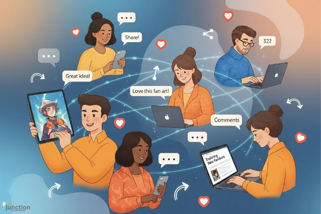 An illustration of a welcoming online community for Garforfans, showing diverse users collaborating and sharing creative content like fan art and blog posts on their digital devices. Conversation and engagement icons float around them.