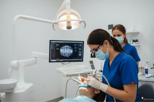 Skilled dentist performing a dental procedure on a patient in dental clinic.