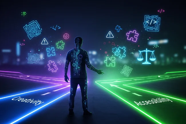 A stylized image of a gamer at a neon-lit crossroads between "Creativity" and "Accessibility," surrounded by floating holographic symbols and warning icons, representing the complexities discussed in Foullrop85j.08.47h Gaming.