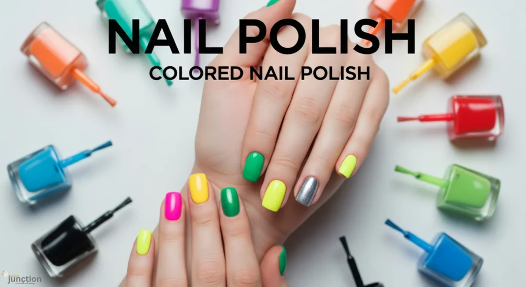 A close-up of a person's hands with bright, multicolored Nail Polish, surrounded by scattered bottles of Colored Nail Polish.