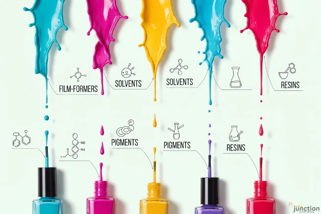An infographic-style flat-lay image showing open Nail Polish bottles and colorful liquid splashes, with labels pointing to components, explaining what's in Colored Nail Polish.