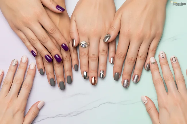 A collection of hands with various trendy styles, including glossy, matte, chrome, and glitter finishes, showcasing versatility.