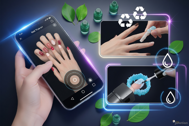 Futuristic manicure with AR try-on app, robotic nail art, and eco-friendly beauty innovations