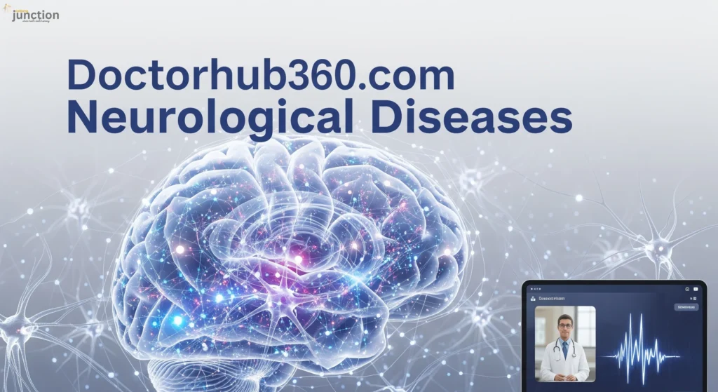 A futuristic, medical image showcasing a glowing human brain and a digital health interface, representing Doctorhub360.com Neurological Diseases.