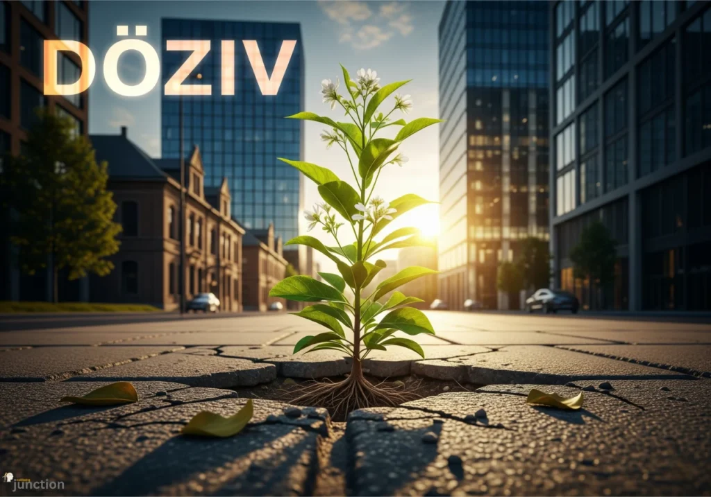 Döziv symbolizing resilience and adaptability with nature’s transformation, a tree growing through harsh conditions.
