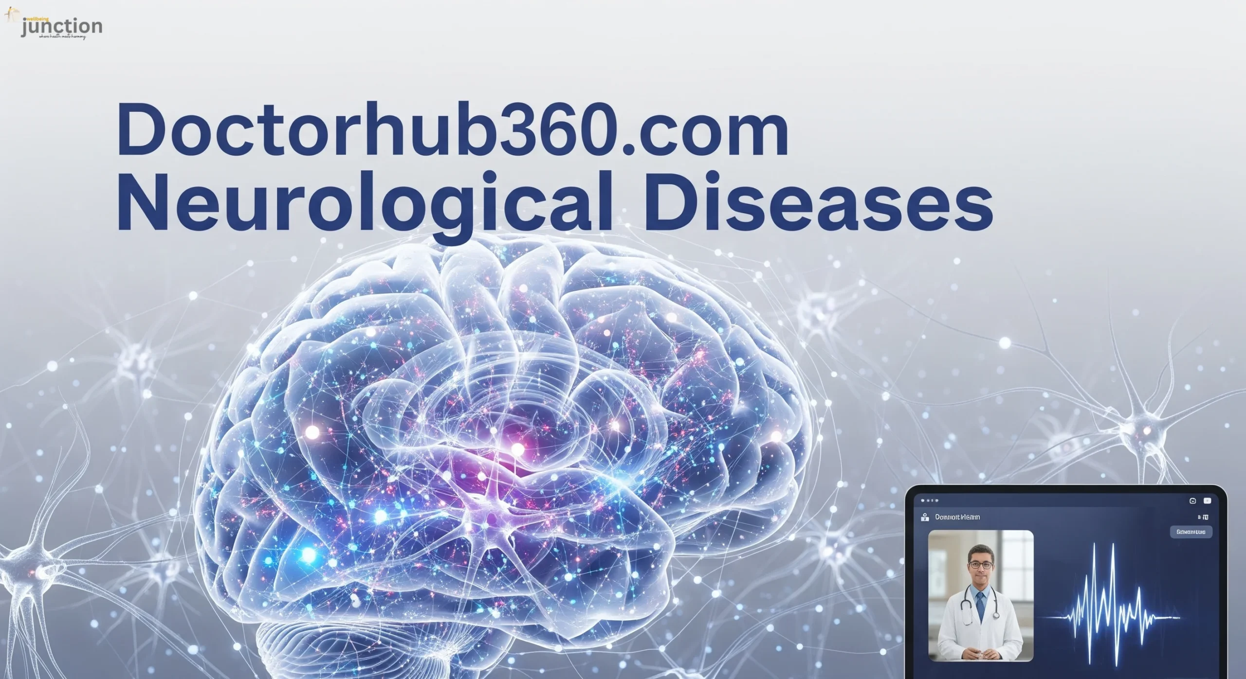 A futuristic, medical image showcasing a glowing human brain and a digital health interface, representing Doctorhub360.com Neurological Diseases.