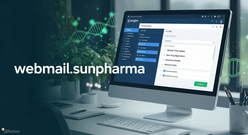 A computer screen showing a professional email interface in an office setting, with a subtle medical diagram in the background, representing webmail.sunpharma.