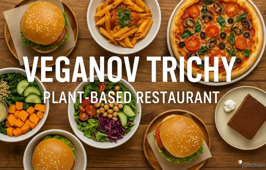 Veganov Trichy vegan restaurant food spread with burgers, pizza, pasta, salads, and dairy-free desserts on a wooden table