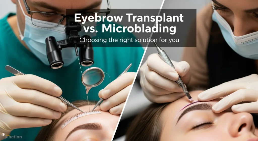 Eyebrow Transplant vs. Microblading – Side-by-side comparison showing a surgeon performing an eyebrow transplant and a technician doing microblading.