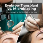 Eyebrow Transplant vs. Microblading – Side-by-side comparison showing a surgeon performing an eyebrow transplant and a technician doing microblading.