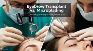 Eyebrow Transplant vs. Microblading: Which One is Right for You? Eyebrow Transplant vs. Microblading – Side-by-side comparison showing a surgeon performing an eyebrow transplant and a technician doing microblading.