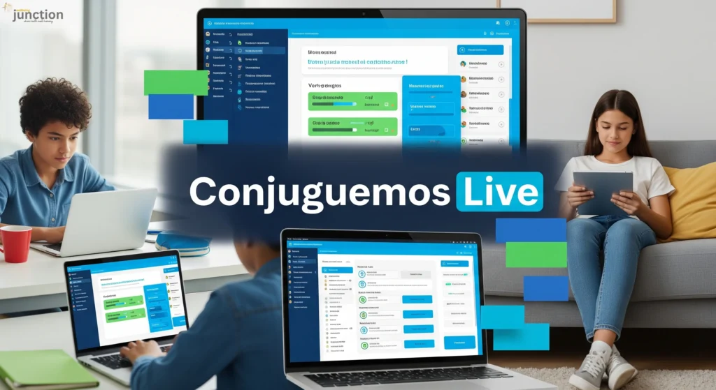 Students using laptops and tablets with an interactive language learning app, symbolizing Conjuguemos Live.