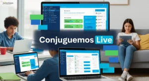 Students using laptops and tablets with an interactive language learning app, symbolizing Conjuguemos Live.