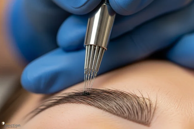 Eyebrow Transplant vs. Microblading: A close-up of a microblading procedure showing a technician applying fine strokes to the eyebrow area.