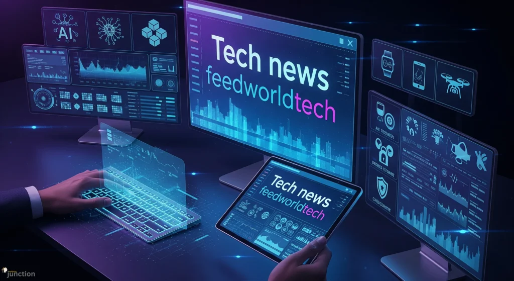 A tech news dashboard with multiple screens showing data, graphs, and icons for AI and blockchain, prominently featuring Tech news feedworldtech.